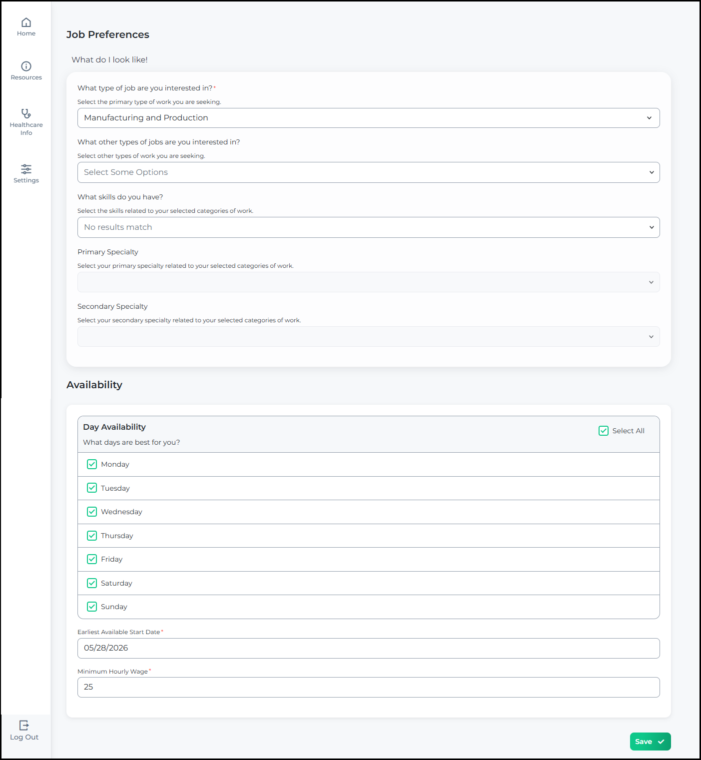 The updated Job Preferences page showing job type, skills, Primary Specialty, Secondary Specialty, and an Availability section with day availability checkboxes, in the refreshed visual design.